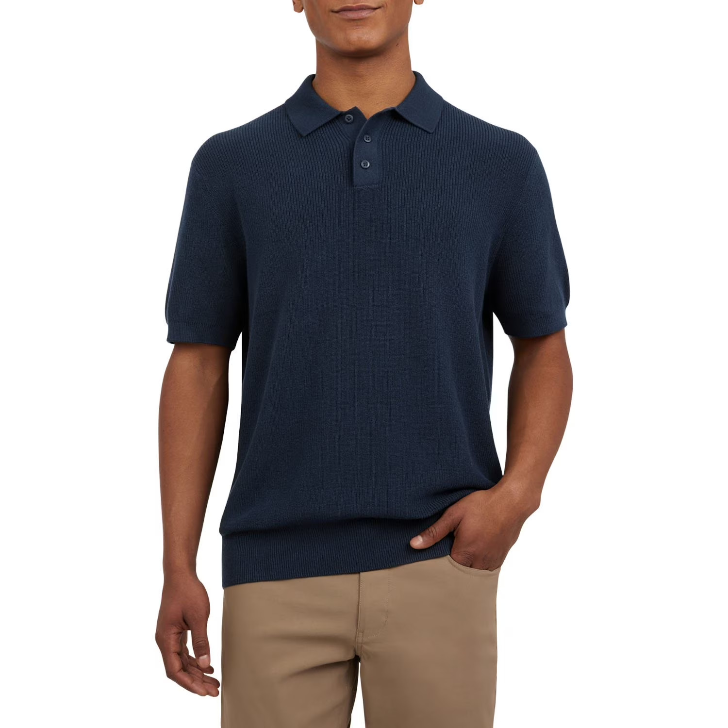 DKNY Men’s Short Sleeve Ribbed Knit 3 Button Placket Collared Sweater Polo