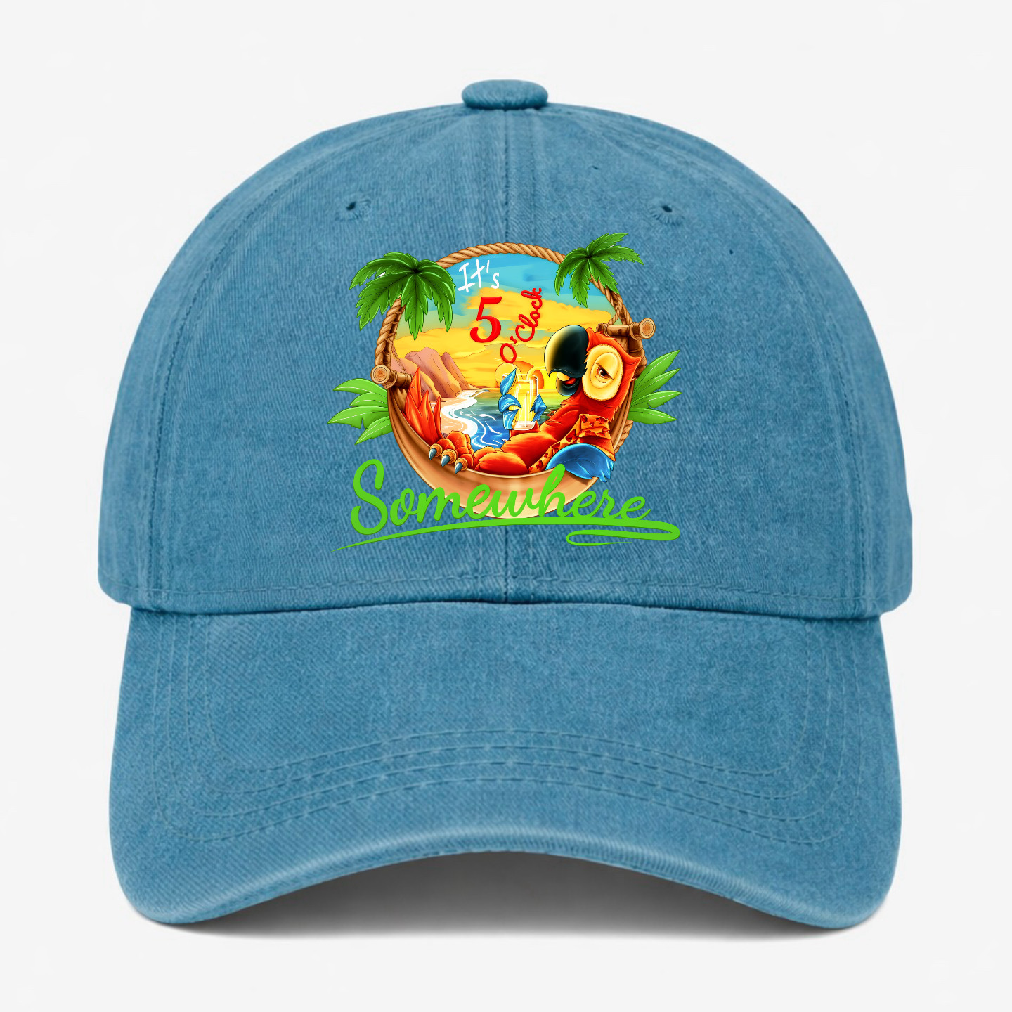 Funny Beach Vacation Parrot Hat It’s 5 O’Clock Somewhere Tropical Baseball Cap