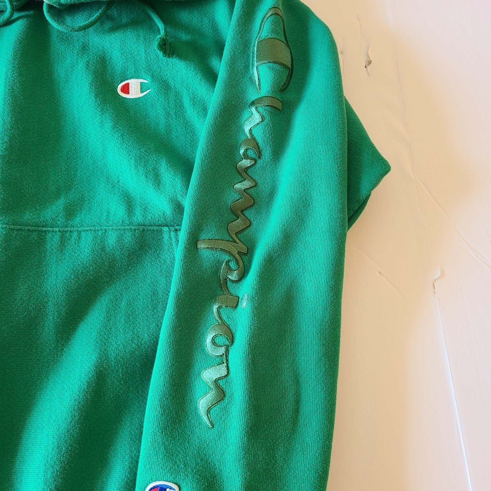 Champion Reverse Weave Hoodie Sweatshirt Green Script Logo Menswear