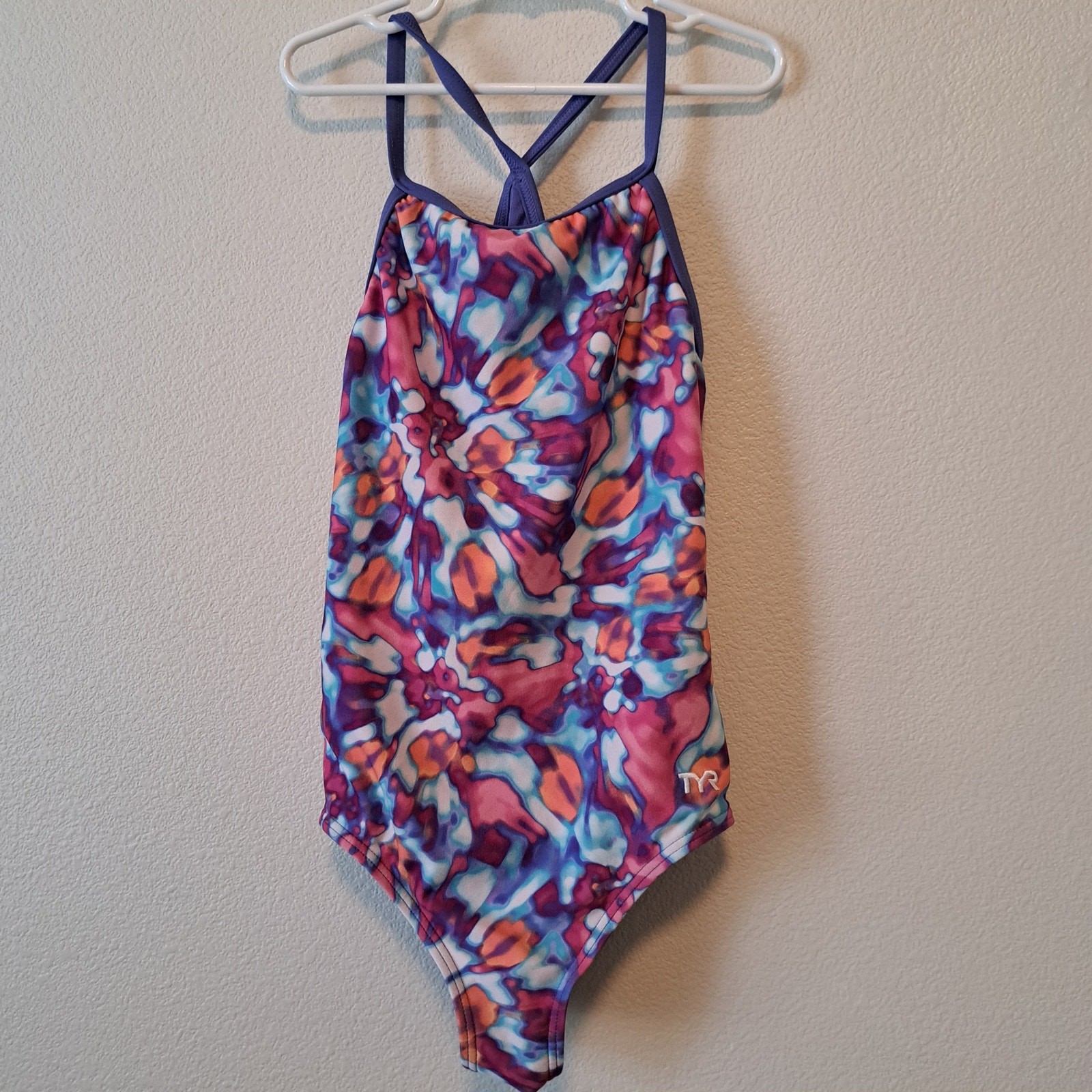 TYR tie-dye print swimsuit thin straps and a signature logo on hip Size large