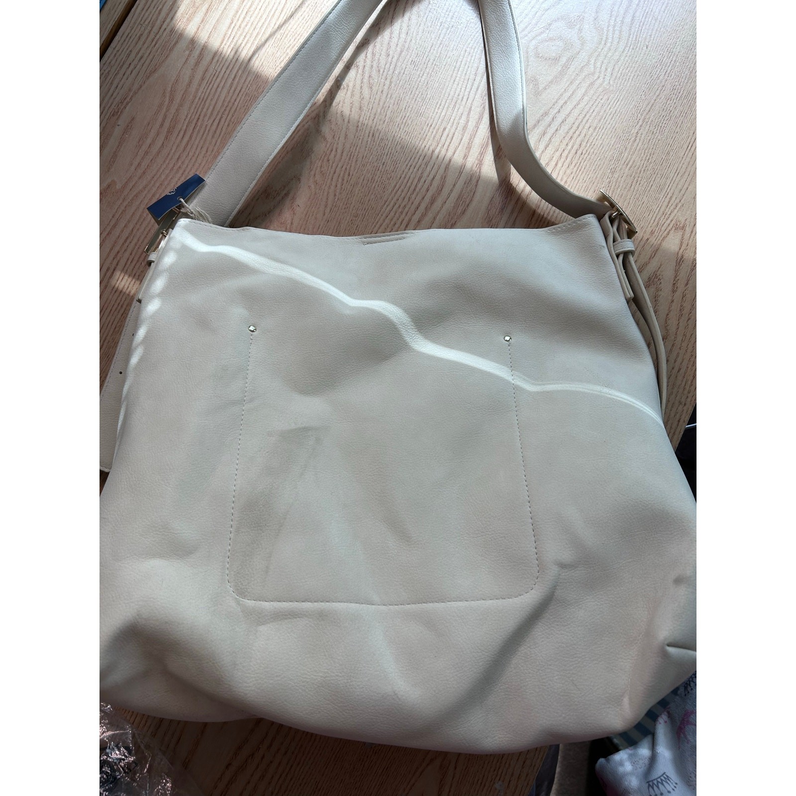 New Womens Universal Thread Faux Leather Look Handbag Purse Cream 15”x16” w/flaw