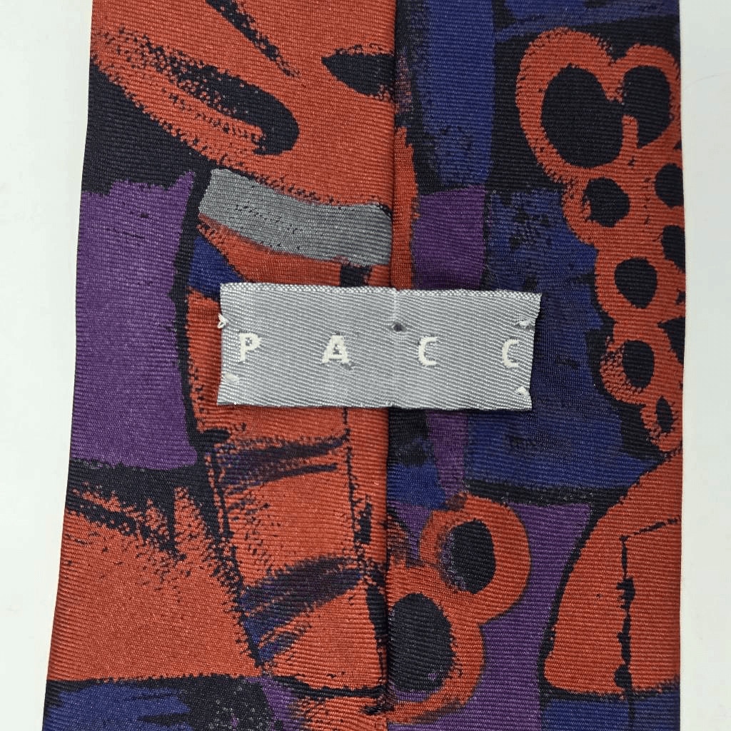 VINTAGE PACC SILK TIE RED BLUE PURPLE GRAY ABSTRACT 80’S 90’S RETRO 3.75″ X 59″
