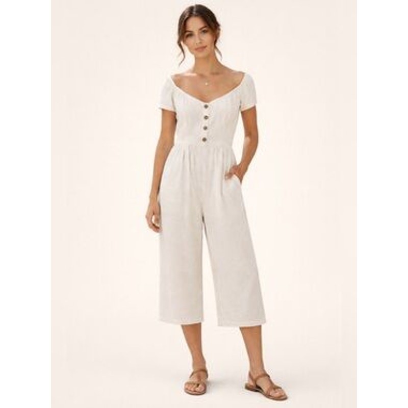 American Eagle Cream Linen Blend Button Front Wide Leg Jumpsuit Size S/P