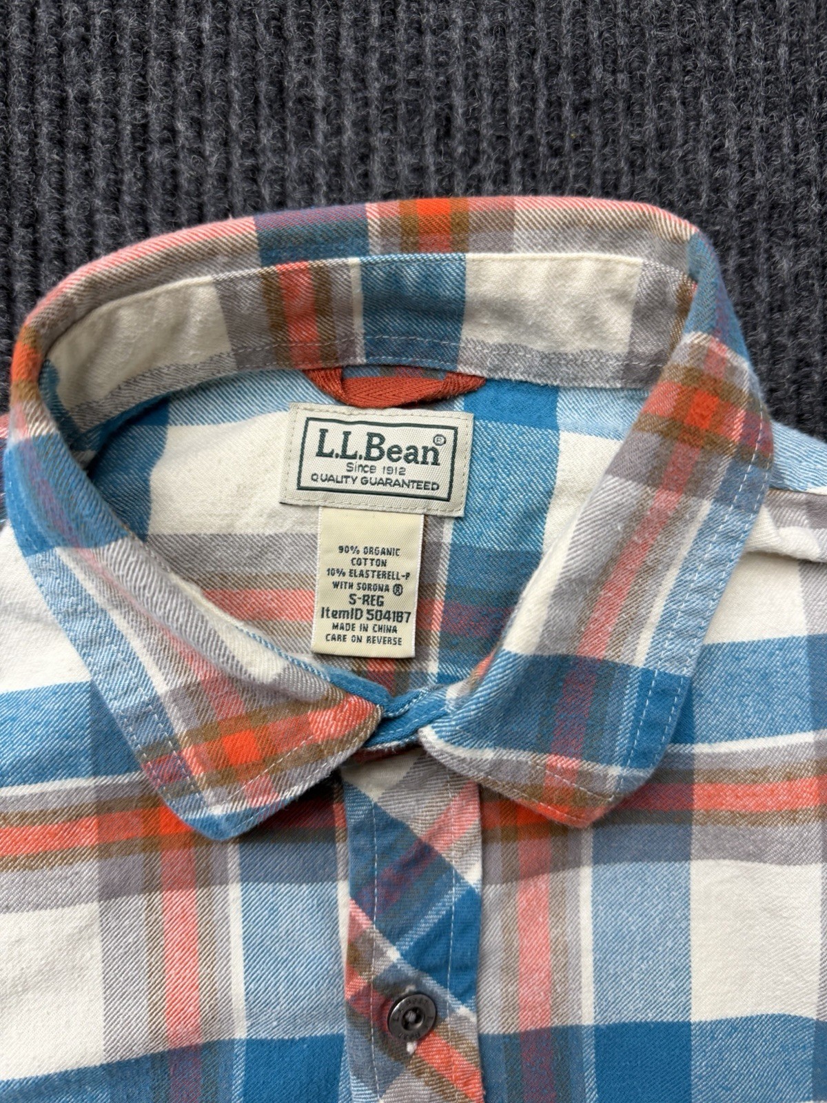 LL Bean Flannel Blue Orange Plaid Elbow Pads Organic Cotton 504187 Mens Small