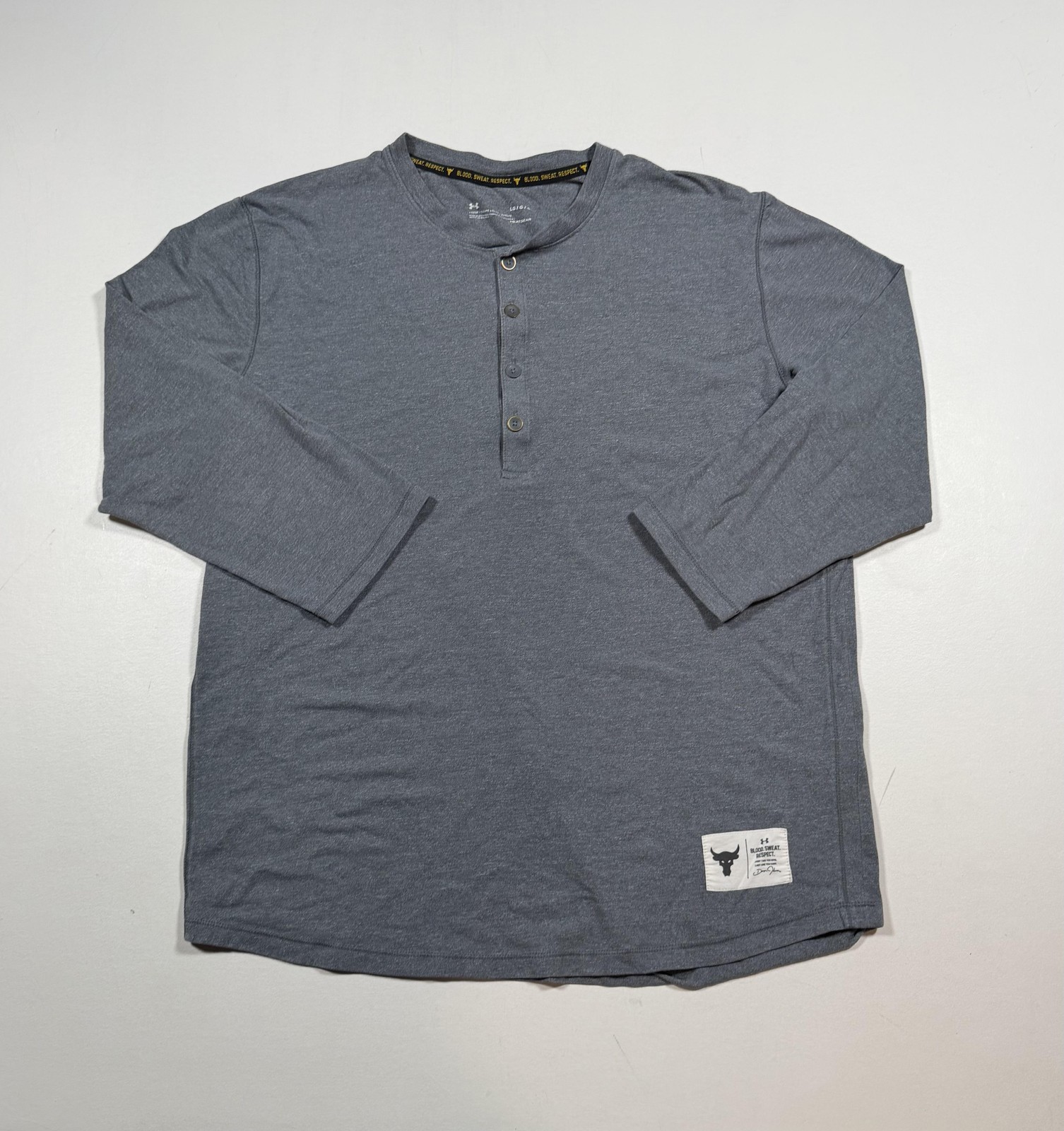 Under Armour HeatGear Shirt Mens Large Gray 3/4 Sleeve Henley Project Rock
