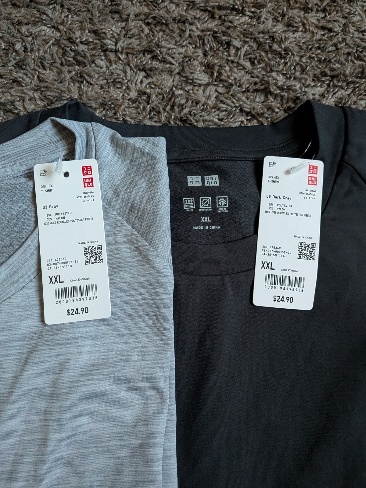 NWT Uniqlo Dark Gray + Gray Heather Dry-Ex Performance Shirts Lot of 3 Men’s XXL