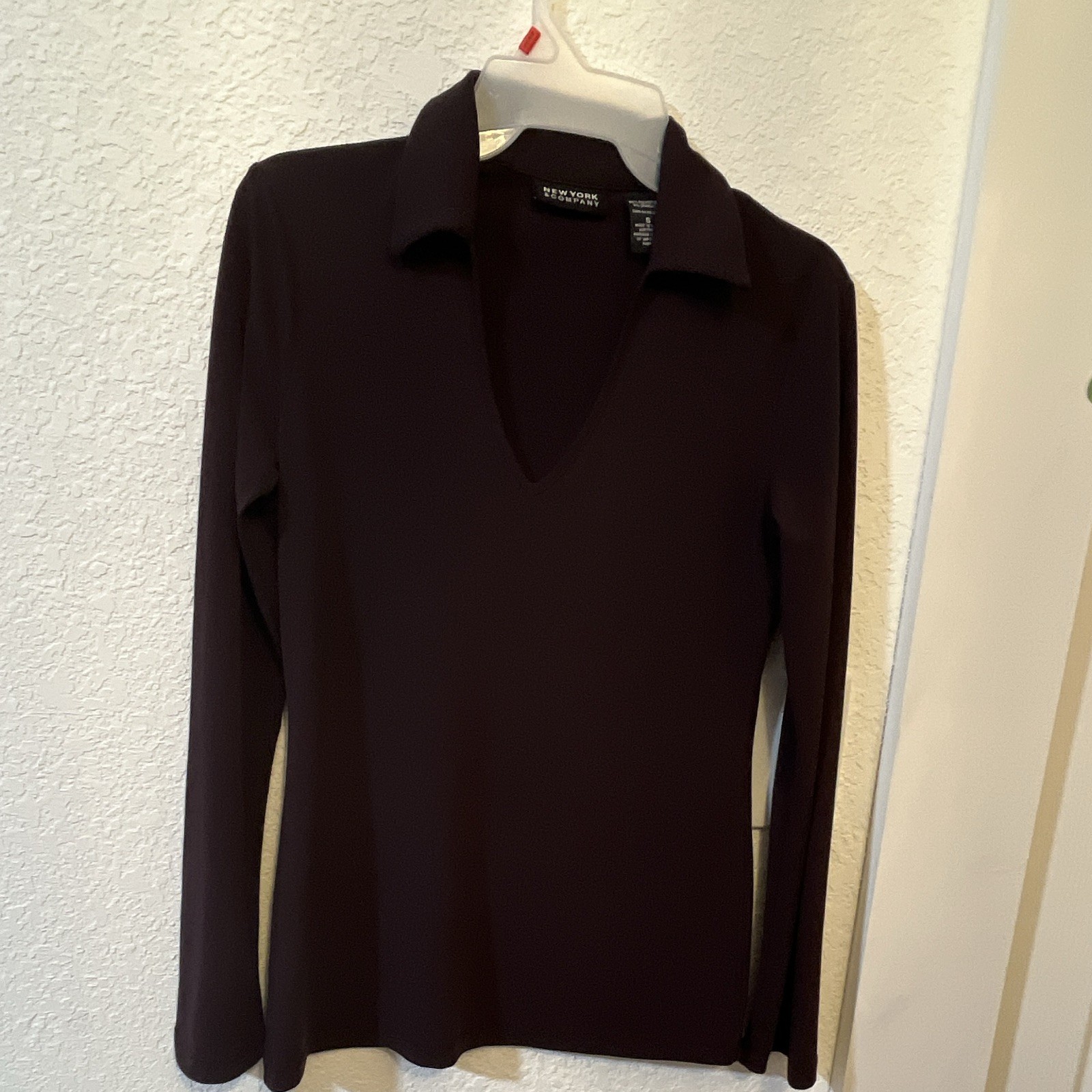 New York & Company Women’s Black Knit V-Neck Collared Long Sleeve Top S