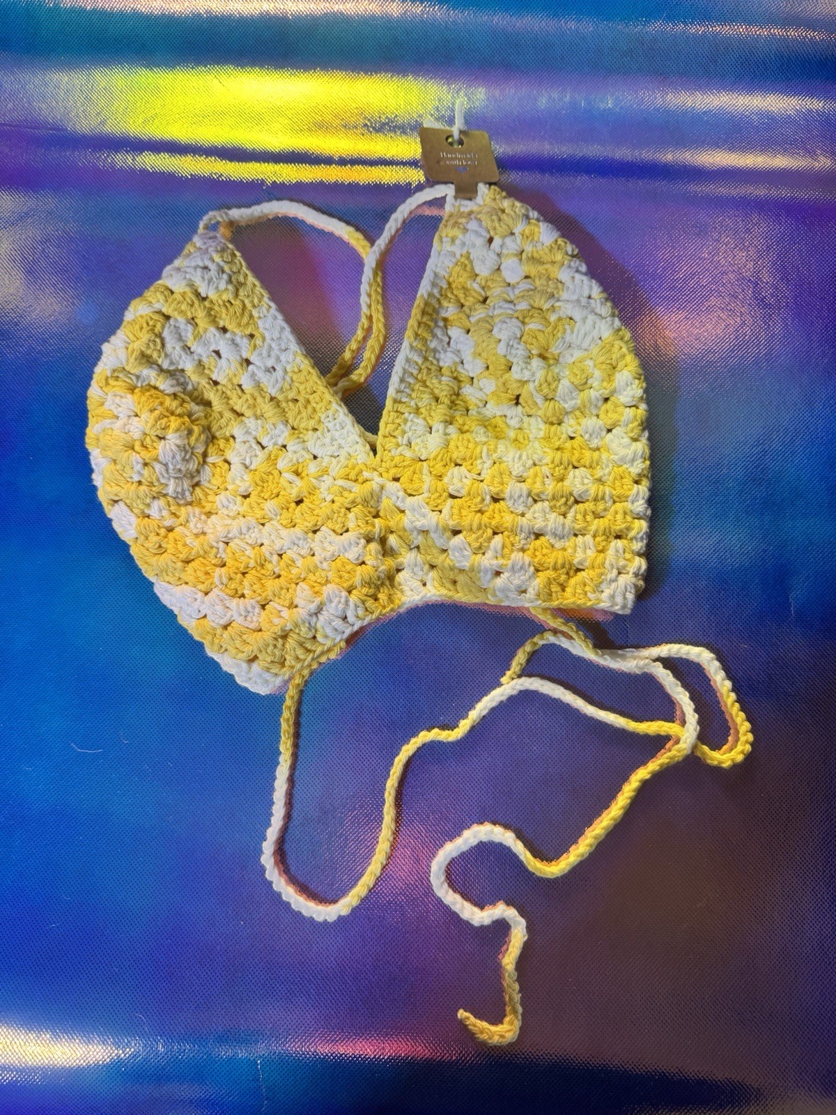 Women’s Crochet Halter Bikini Top Adjustable Yellow/White Striped