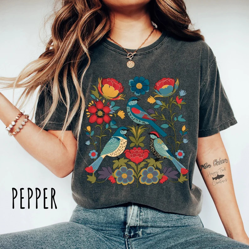 Flower Bird Garden Comfort Tee Nature Lover Soft Relaxed
