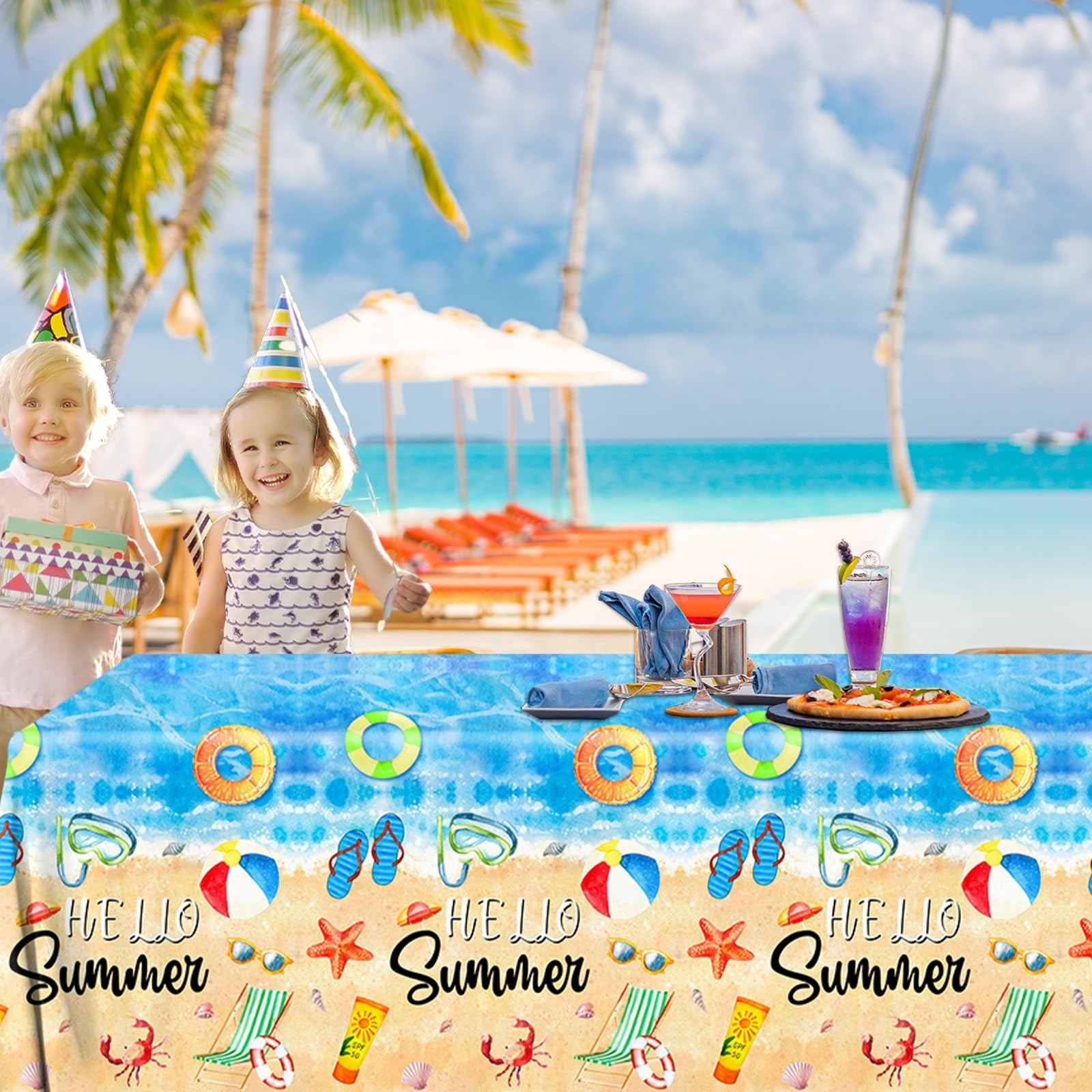 GREHUMOR Hello Summer Tablecloths Hawaiian Beach Party Table Cover 3Pcs Plast…