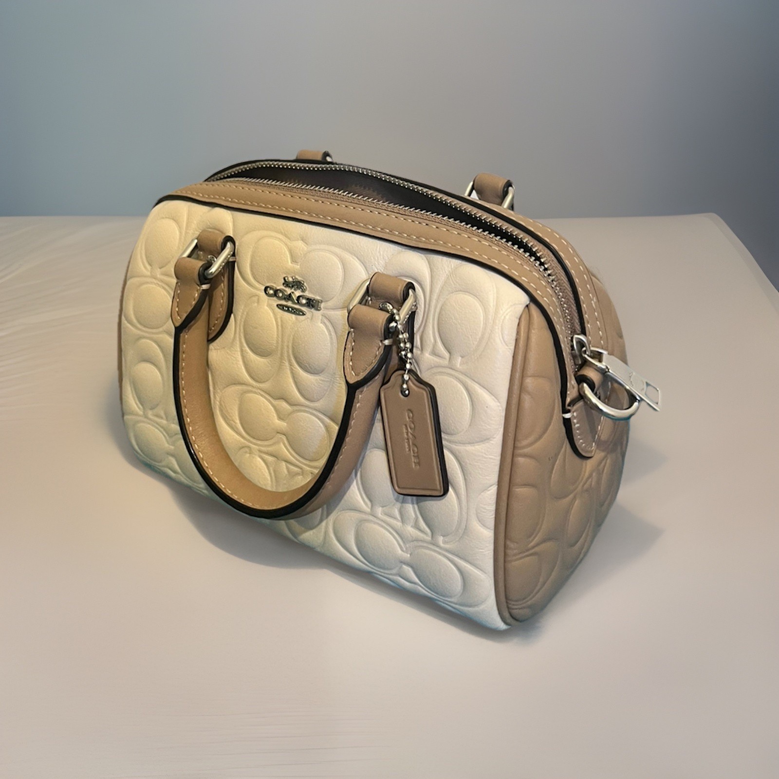 COACH Mini Sierra Satchel Leather Chalk Taupe Colorblock Silver Hardware K2481