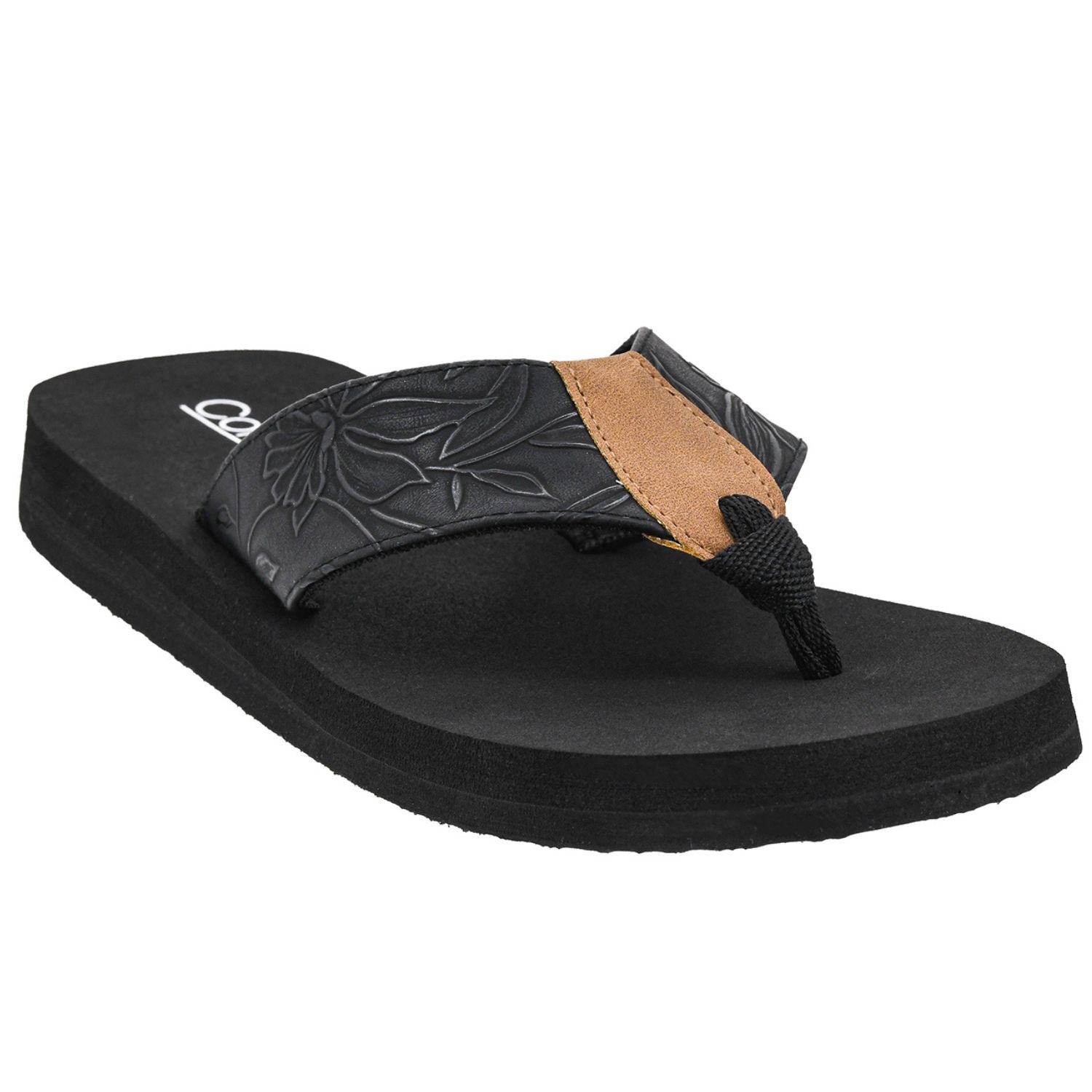 Corkys Footwear Womens Summer Break Flip Flop Sandal- Black Flower Embossed