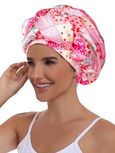 Double Layer Satin Bonnet with Eye Mask Adjustable Silk Sleep Pink Strawberry