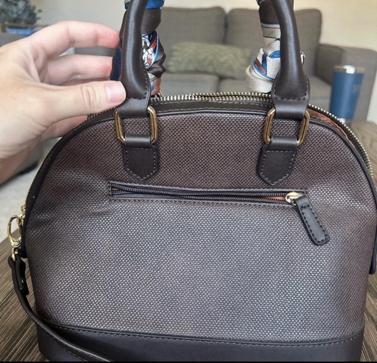 Adrienne Vittadini Brown Satchel Top Handle Zip Gold Hardware Scarf Wrap Charm