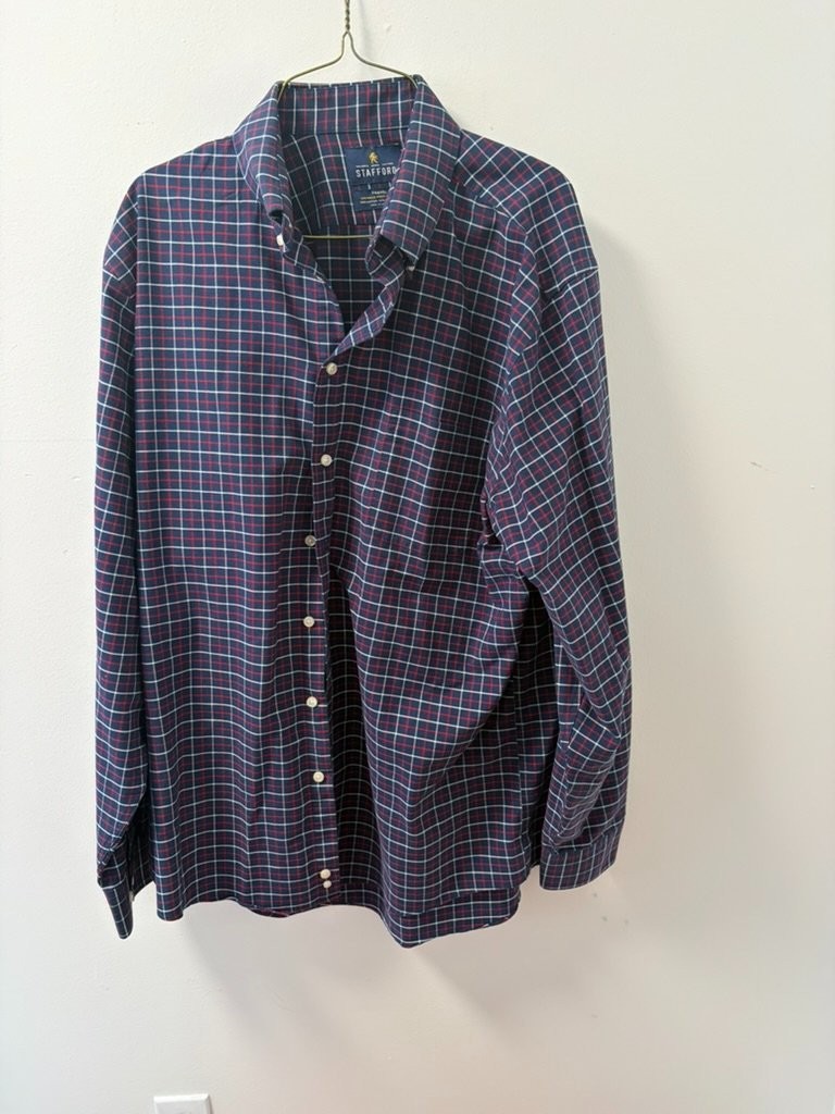 Stafford Travel Wrinkle-Free Oxford Mens Dress Shirt 17 36-37 Blue Plaid Used