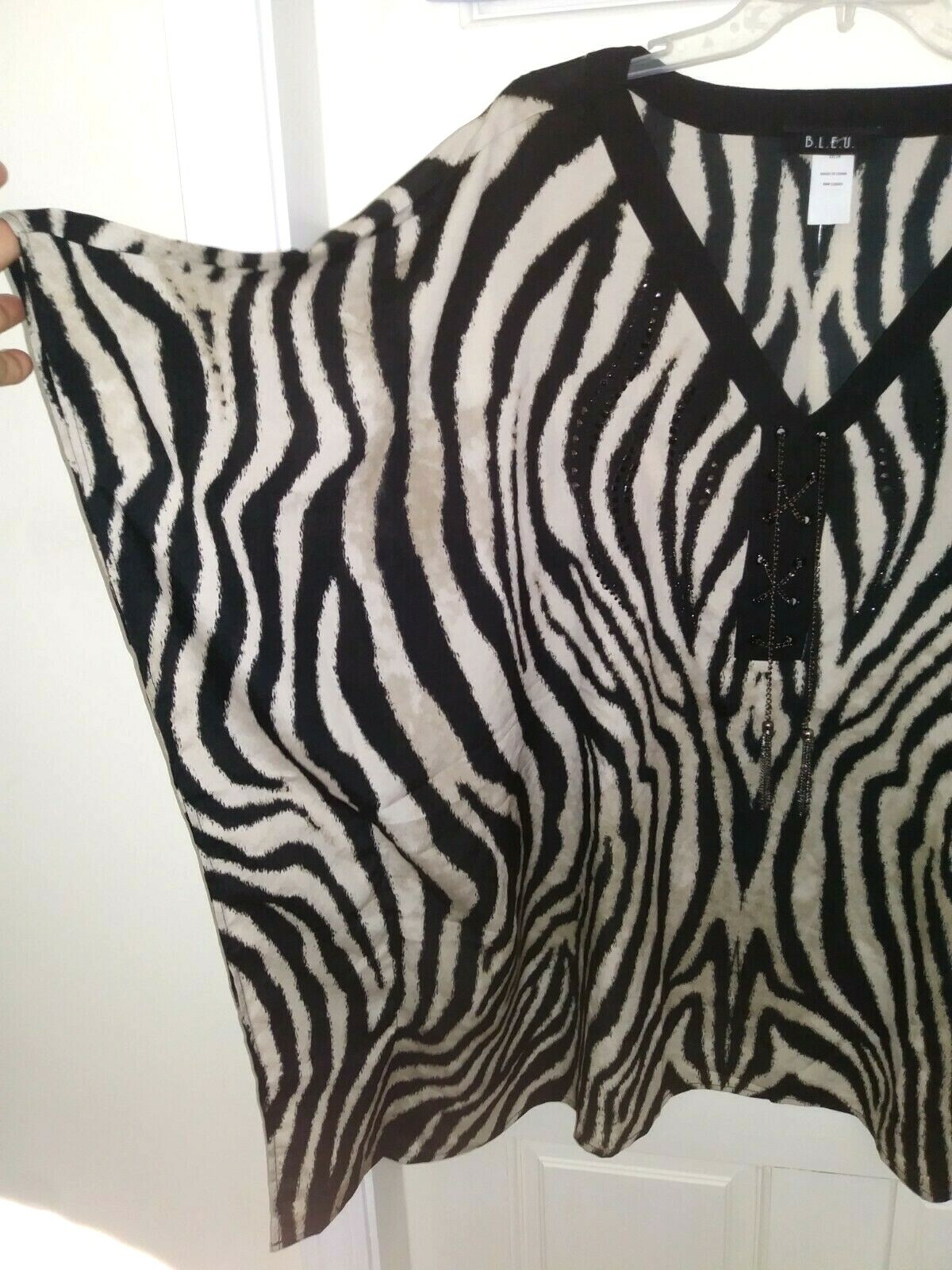 NEW Zebra Print Poncho Kimono Top~Plus 18/20~Black Beige Chain Ties Bling~#