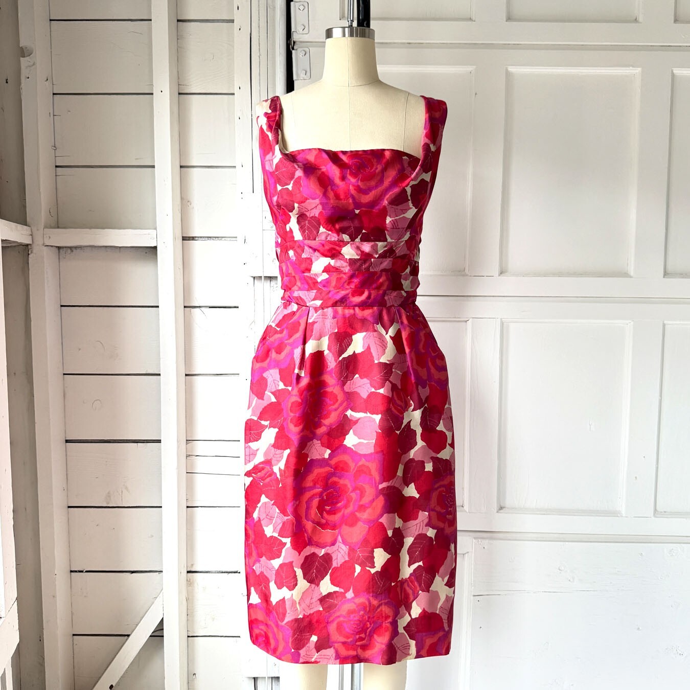 Vintage 50s Alfred Shaheen Pink Silk Floral Rose Print Wiggle Dress XS