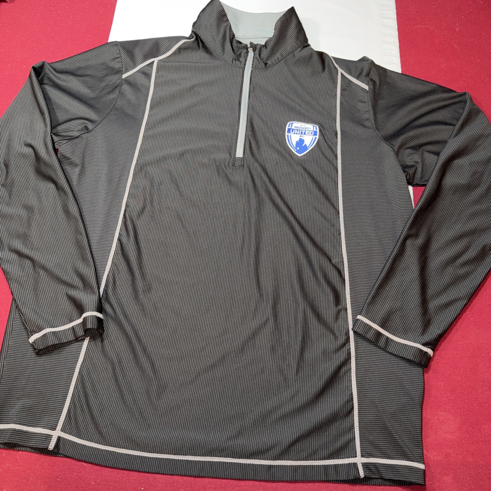 MIDWEST UNITED FC black gray Striped Soccer SHIRT Jacket 1/4 Zip Collar Men’s XL