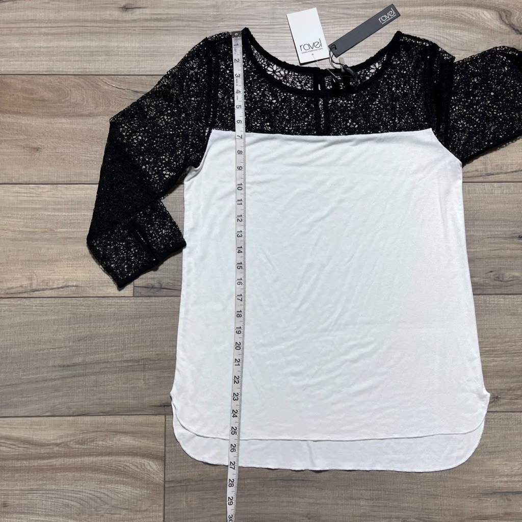 Revel Womens Colorblock 3/4 Sleeve Open Knit Fabric Top S Black & Light Cream