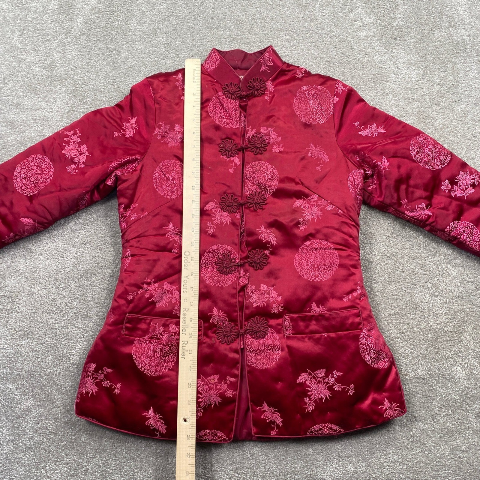 Chong Shin Brocade Jacket Red Silk Blend Mandarin Collar Dragon Floral Pattern