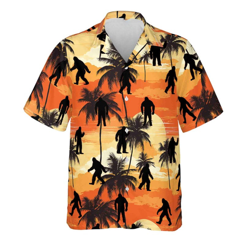 Colorful Bigfoot Sasquatch Coconut Tree Mountain Sunset Hawaiian Shirt