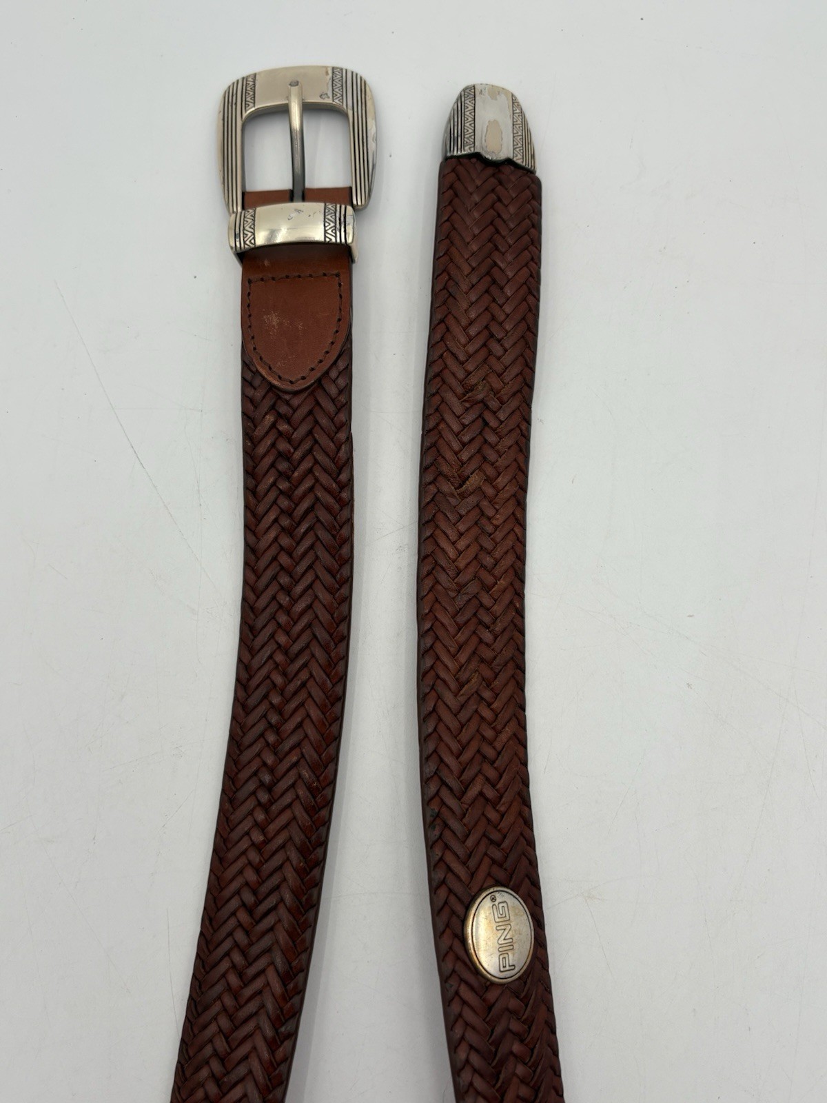 PING Collection Men’s Italian Leather Basketweave Belt Size 44 Western Buckle