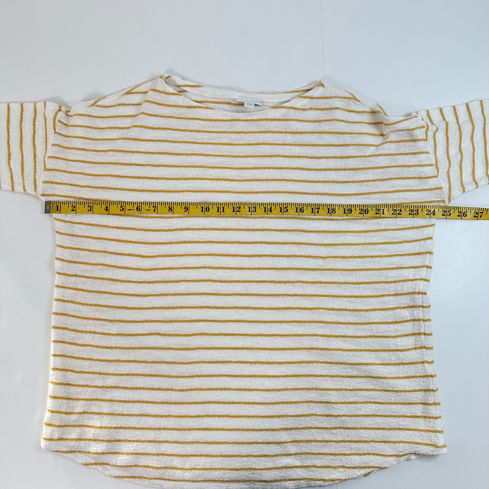 J. Jill Striped Top Womens Small White Yellow 3/4 Sleeve Cotton Knit Boat Neck