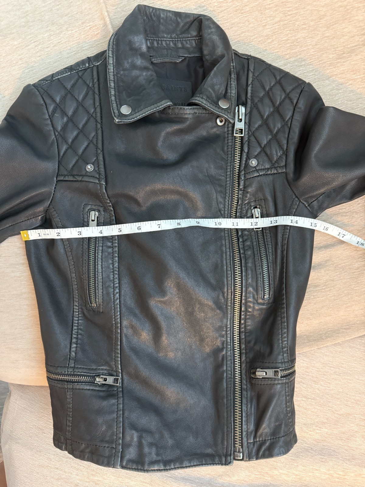 AllSaints Cargo Biker Black Leather Moto Jacket Women US 0 Distressed