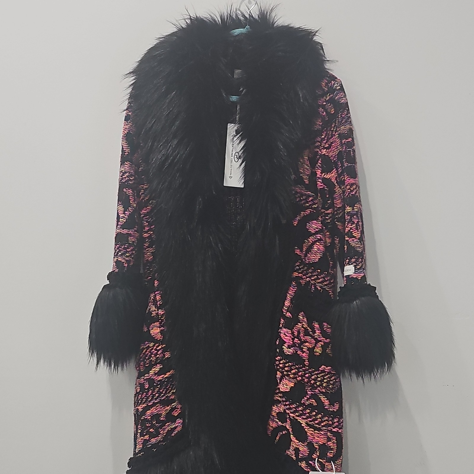 Extreme III Women’s Black Pink Floral Quilted Long Coat Faux Fur Trim Collar L