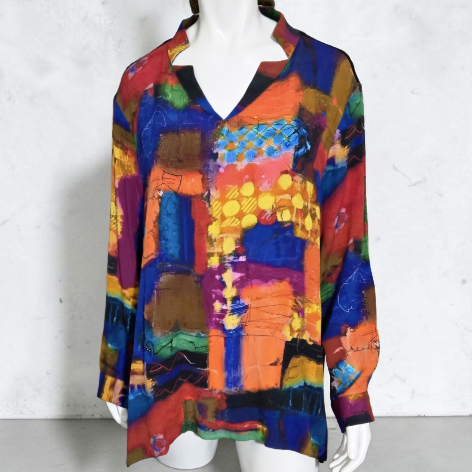 Lemon Grass NY Wearable Art Abstract Vibrant Colorblock V-Neck Tunic Top size XL