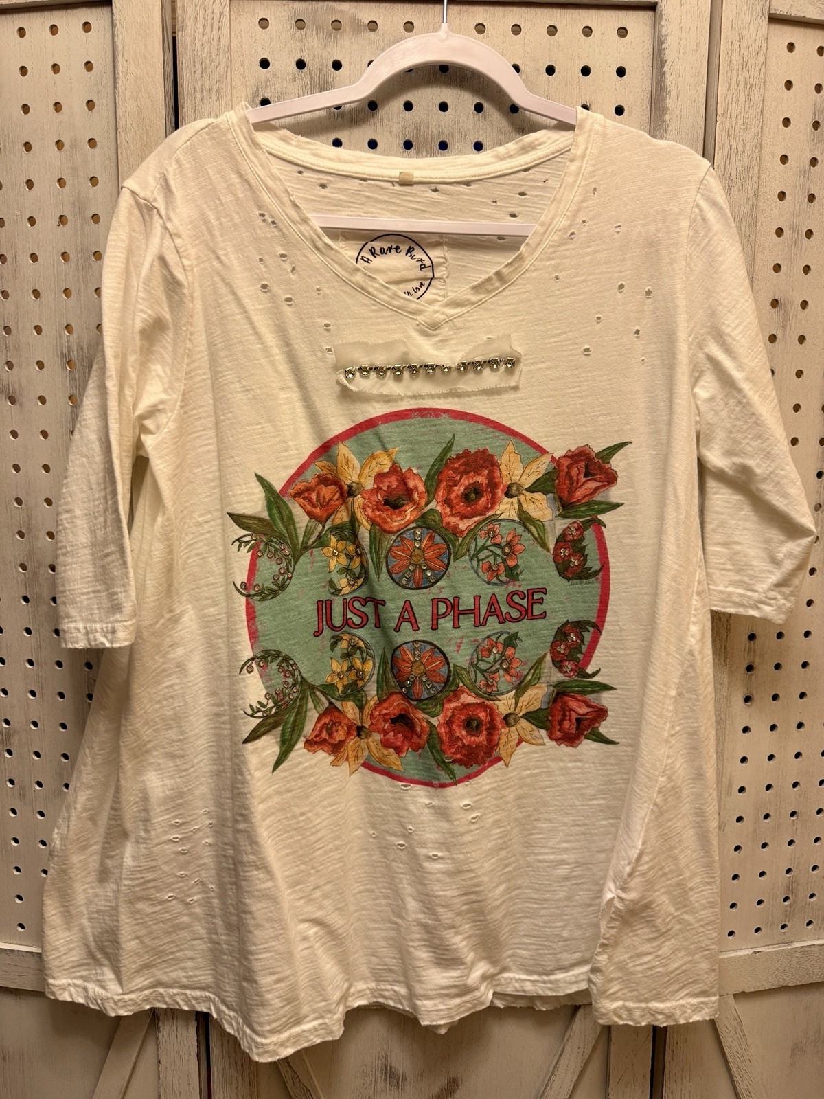 A Rare Bird Distressed Jeweled Tshirt Sz:S/M Just A Phase