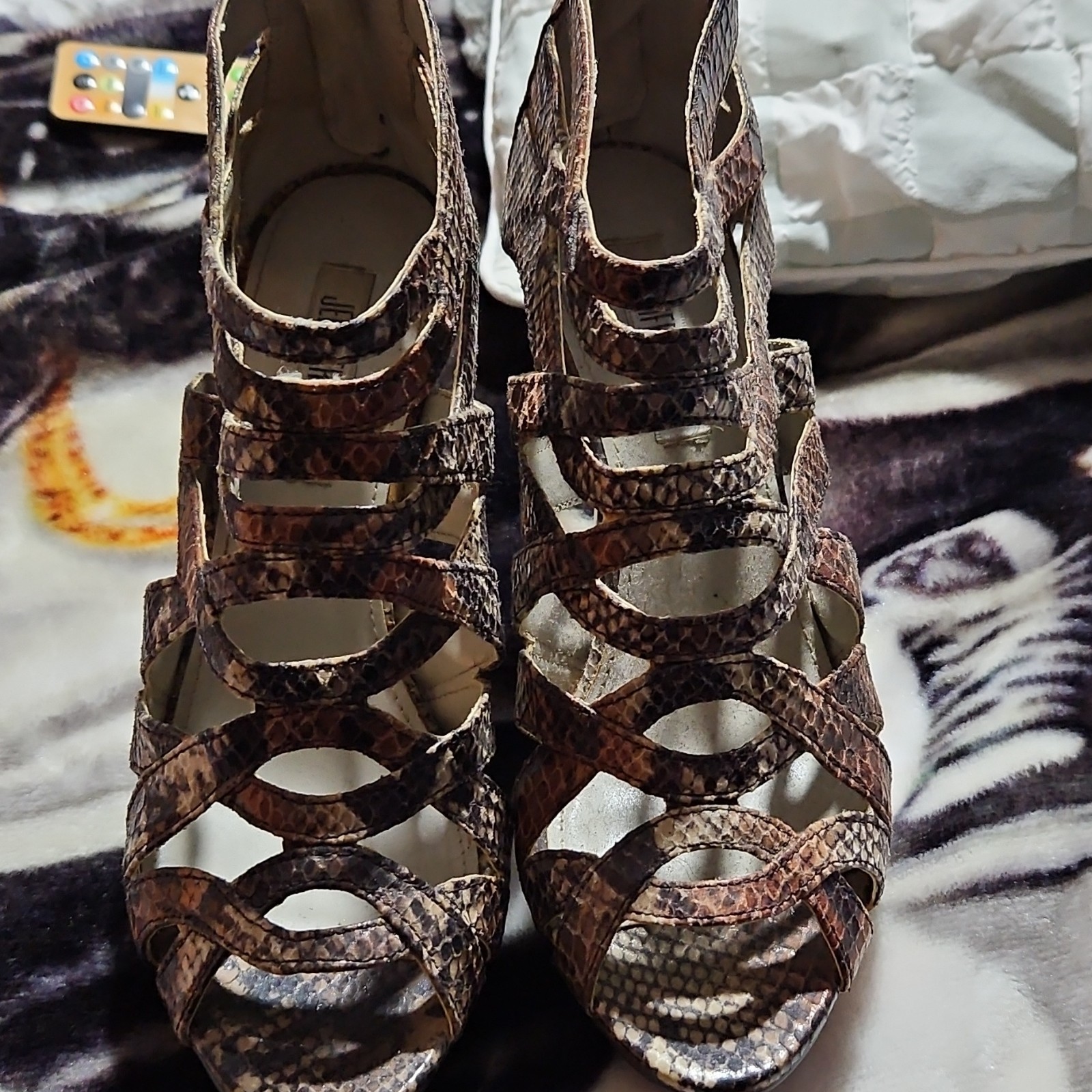 Jennifer Lopez Snake Print Strappy Open Toe Stiletto Zip Heels US 7