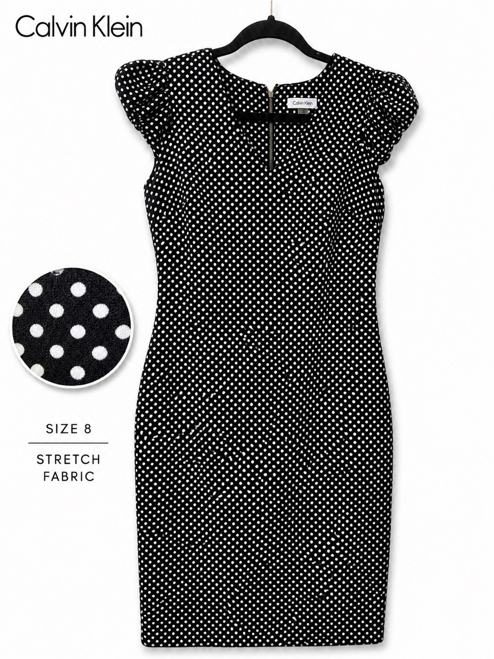 Calvin Klein Black White Polka Dot Puff Sleeve Sheath Dress Size 8