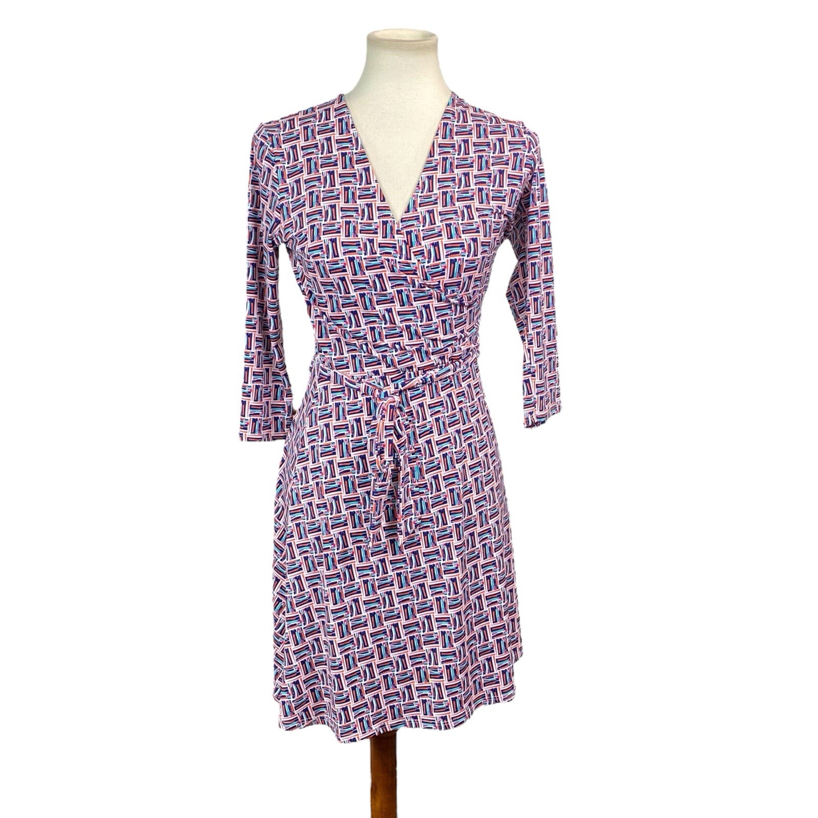 Leota Compass Rose Wrap Dress Sz S Belted 3/4 Sleeves Geometric Pattern Stretch