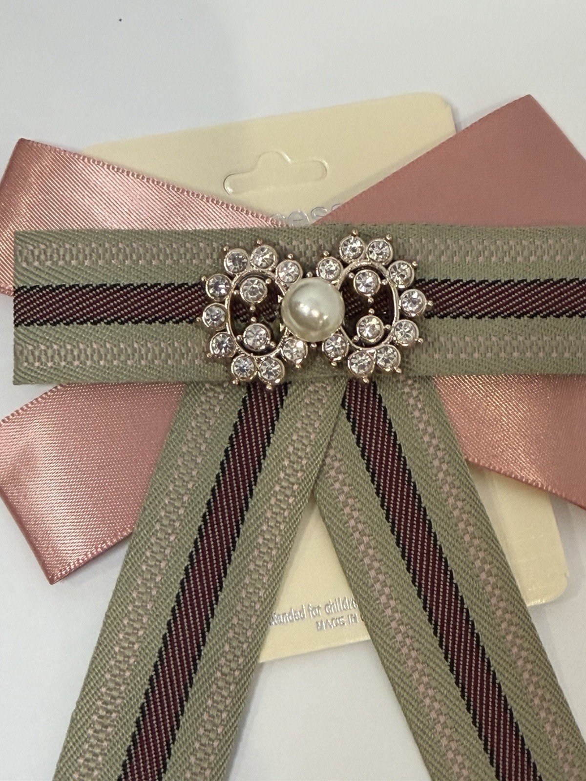 Brooch Bow Striped Pink Fabric with Rhinestone and Pearl Accents Embellishments