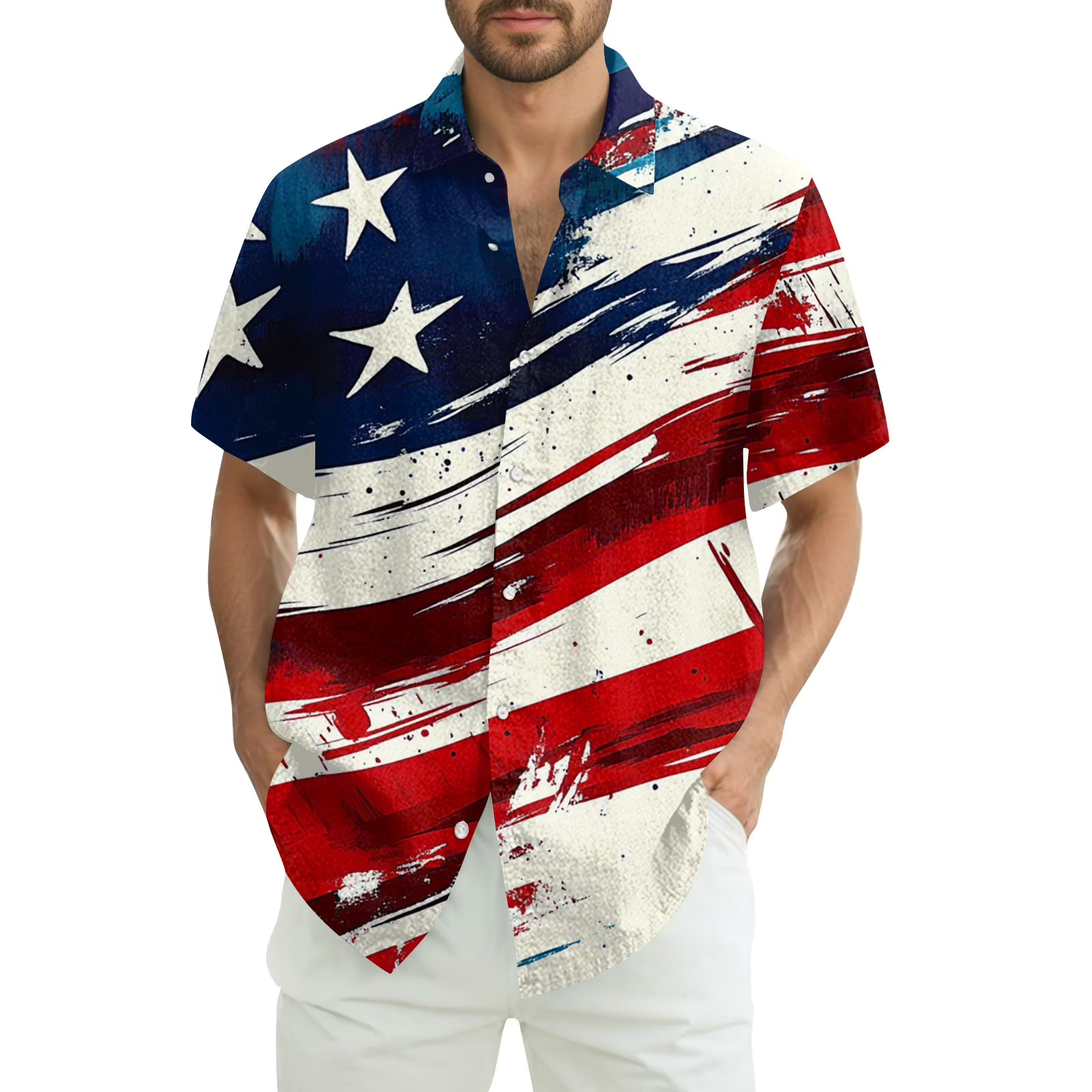 Hawaiian Shirt Men 250th Anniversary Fourth July Patriotic USA Flag Button Down