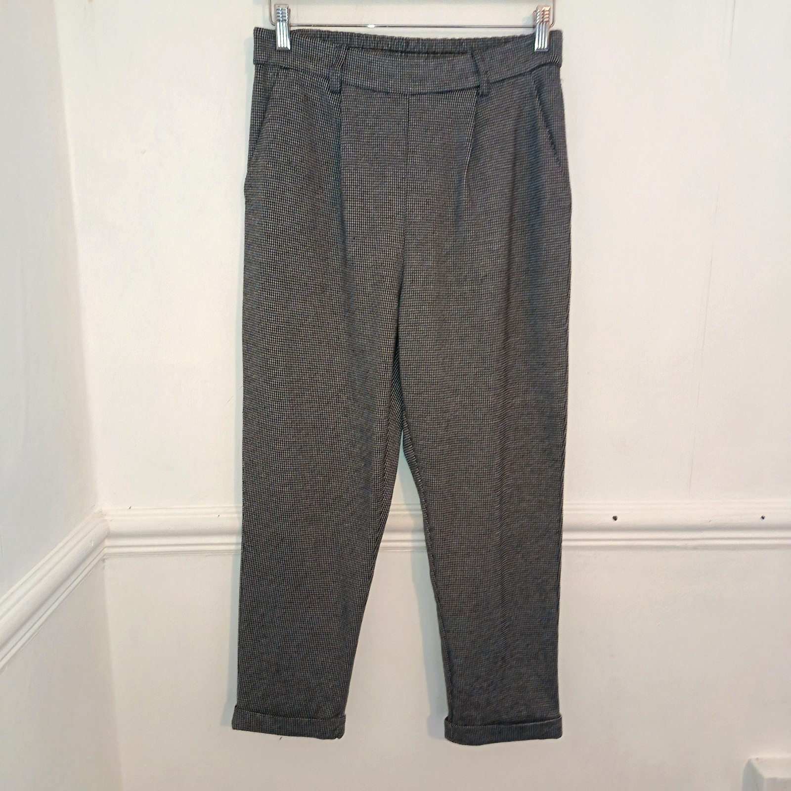 F&F Womens Trousers Grey Size UK 12 Dogtooth Cropped High Waisted Tapered