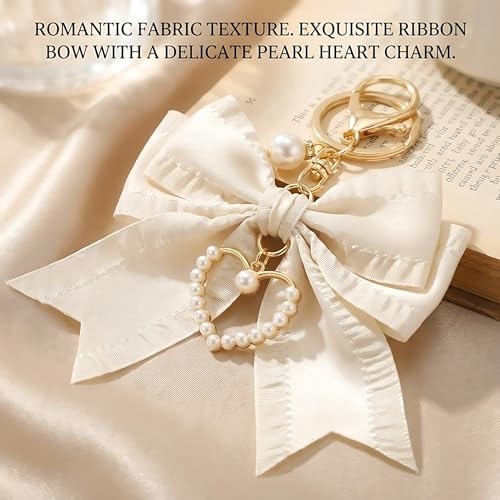2Pcs Cherry Keychain & Pearl Bow Keychain, Sparkly White & Rhinestone Bow