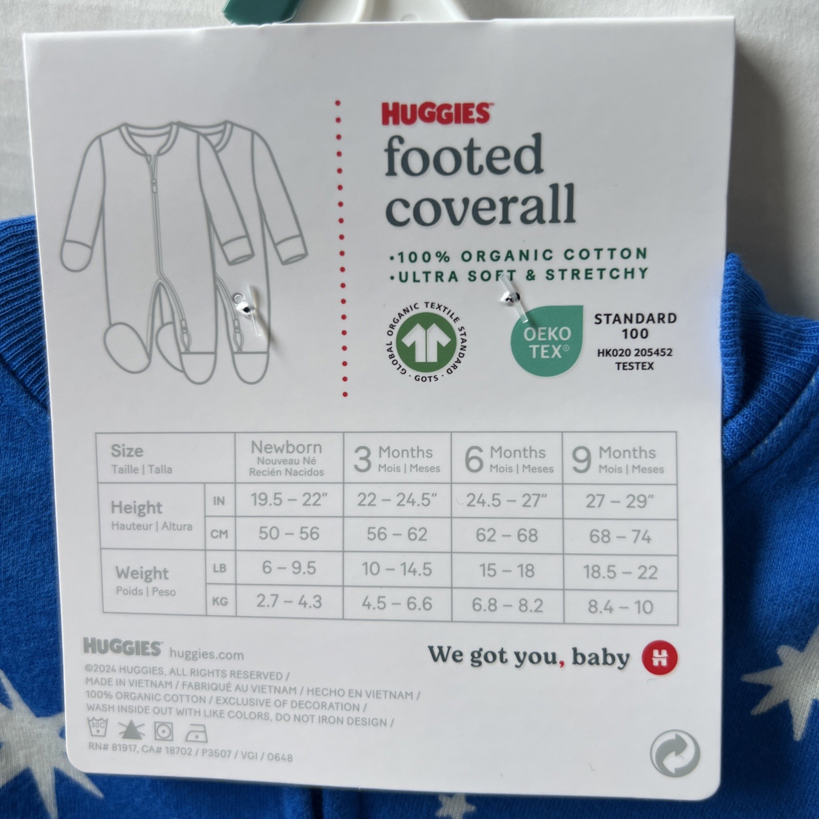 Huggies Super Soft Coverall 100% Organic Cotton 2way Zip 2pc Clouds Sun Stars 3m