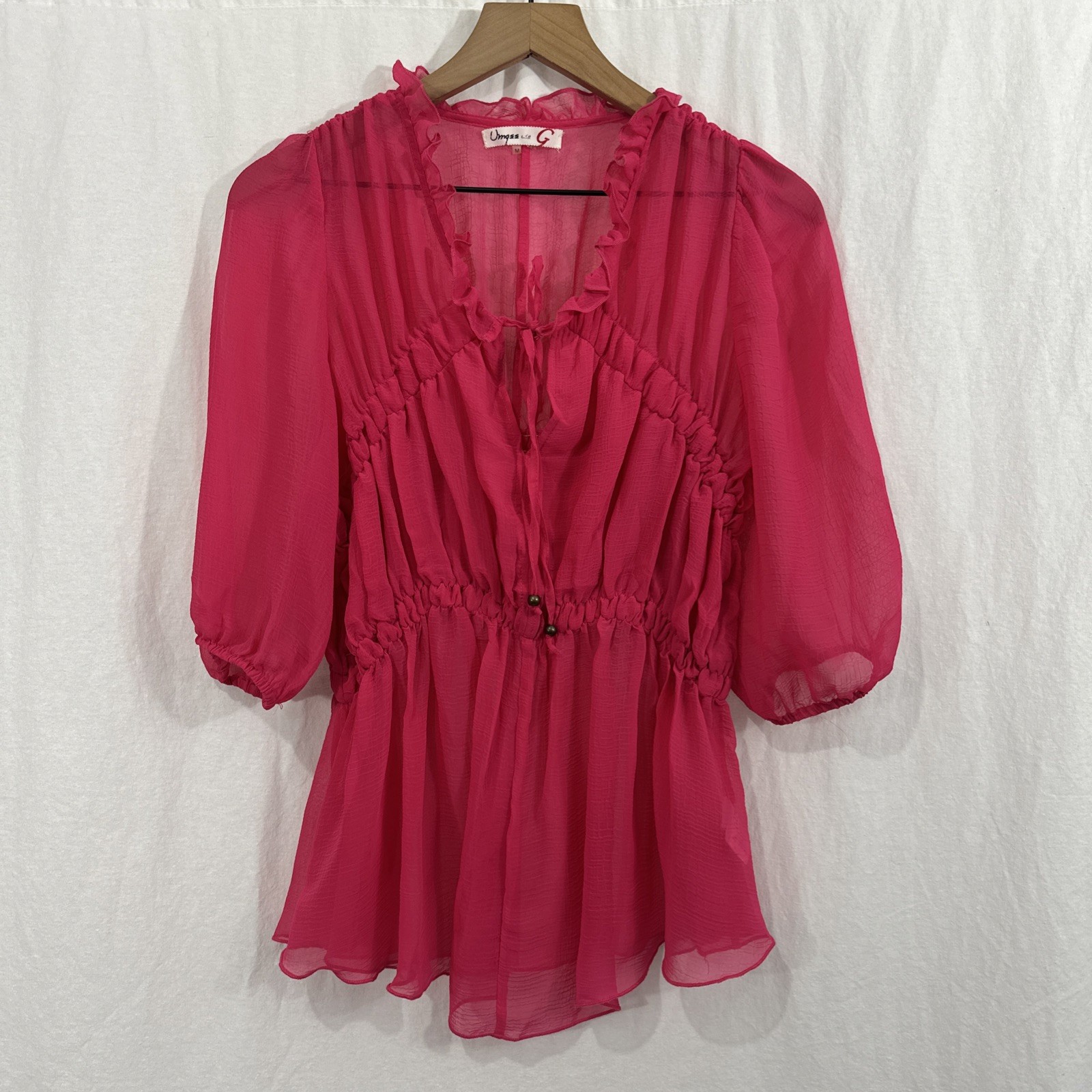 Umgee Hot Pink Sheer Ruffle Coquette Romantic Peasant Top Women’s Sz M