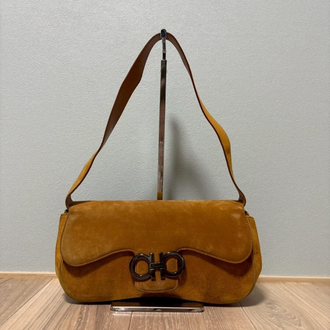 Salvatore Ferragamo One Shoulder Bag Gancini Suede Camel Vintage Auth From Japan