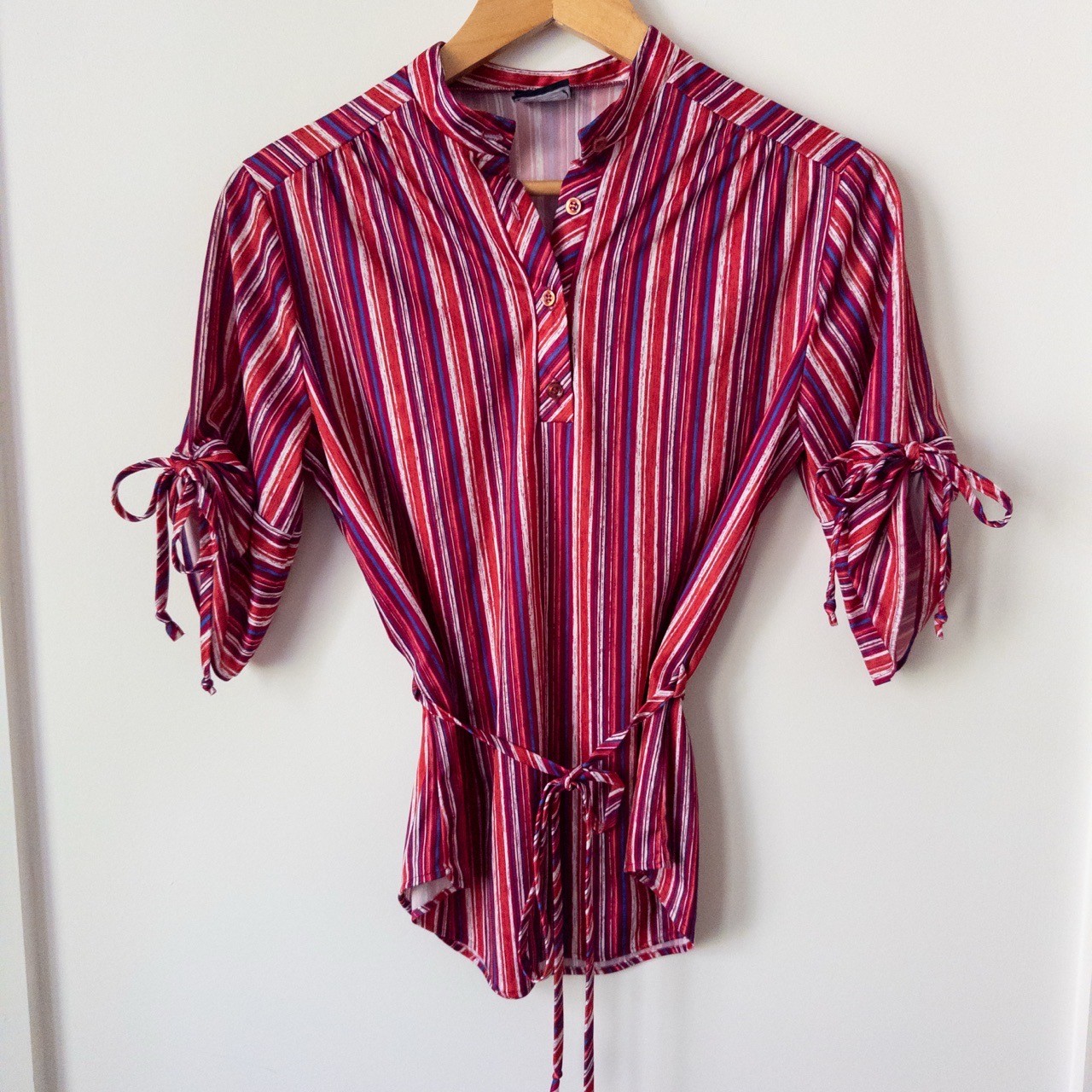 Vintage 80s Striped Blouse Womens M Red Pink 90s Colorful Fun Retro Maximalist
