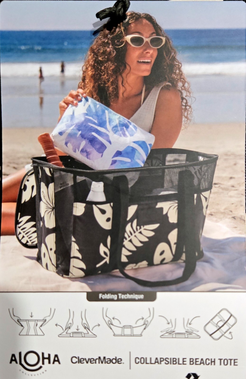 Aloha Collection CleverMade Floral Print Shoulder Tote Black White Zip Closure