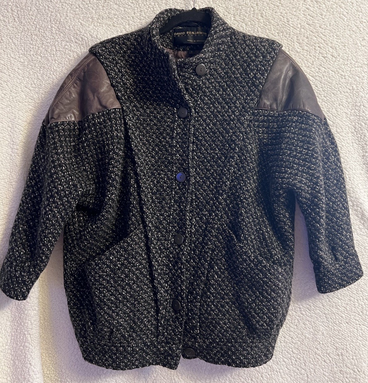 Vintage 80’s David Benjamin Collection Tweed Leather Coat Bracelet Sleeves Sz 8