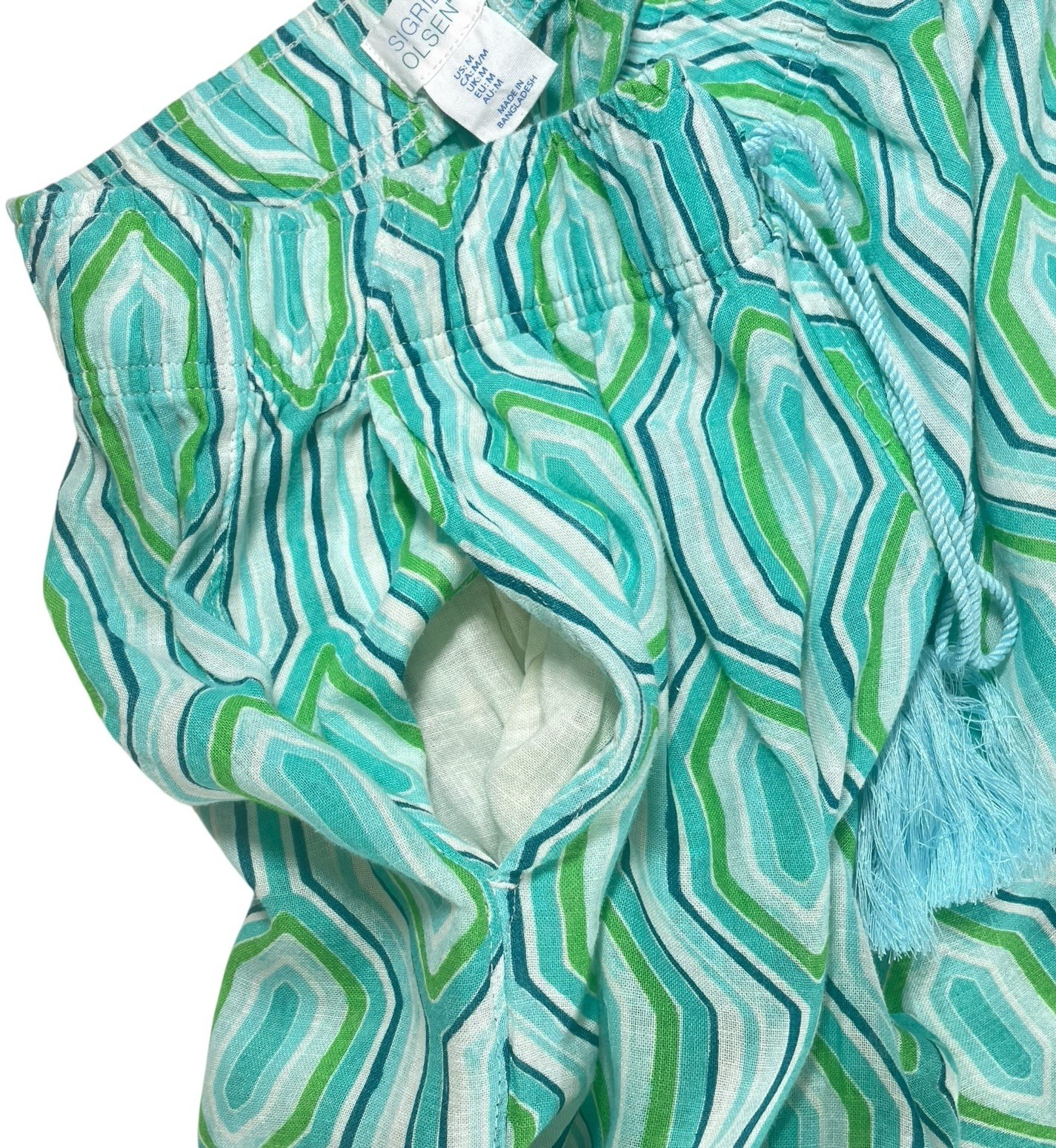 NEW Sigrid Olsen Linen Blend Coastal Beach Pants Womens M Blue Aqua Geometric