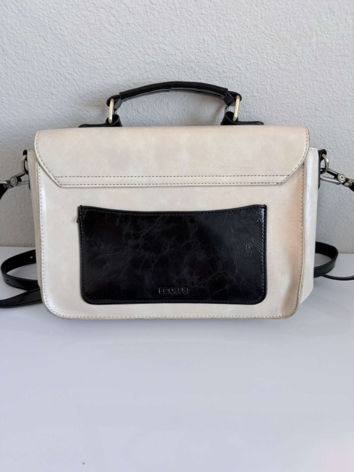 ECOSUSI Beige Black Satchel Crossbody Bag Vintage Style Top Handle Purse