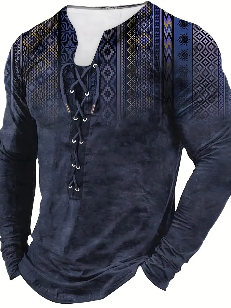 Blue Bohemian Vintage String Henley Tee Holiday Fashion Men’s Long Sleeve V Neck