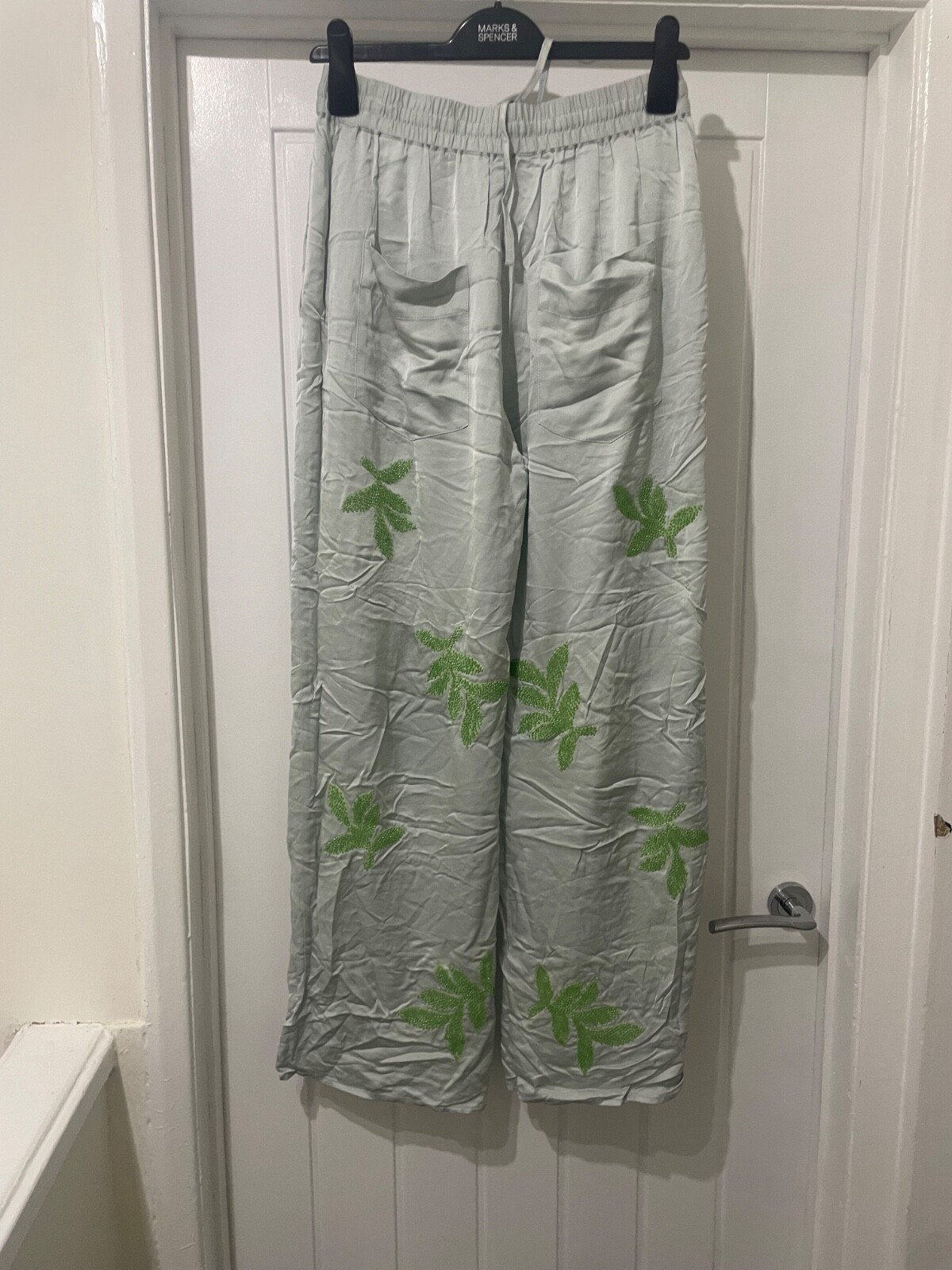 ZARA embroidered Embellished Beaded leaf trousers Pants XS Small 6 8 Blue