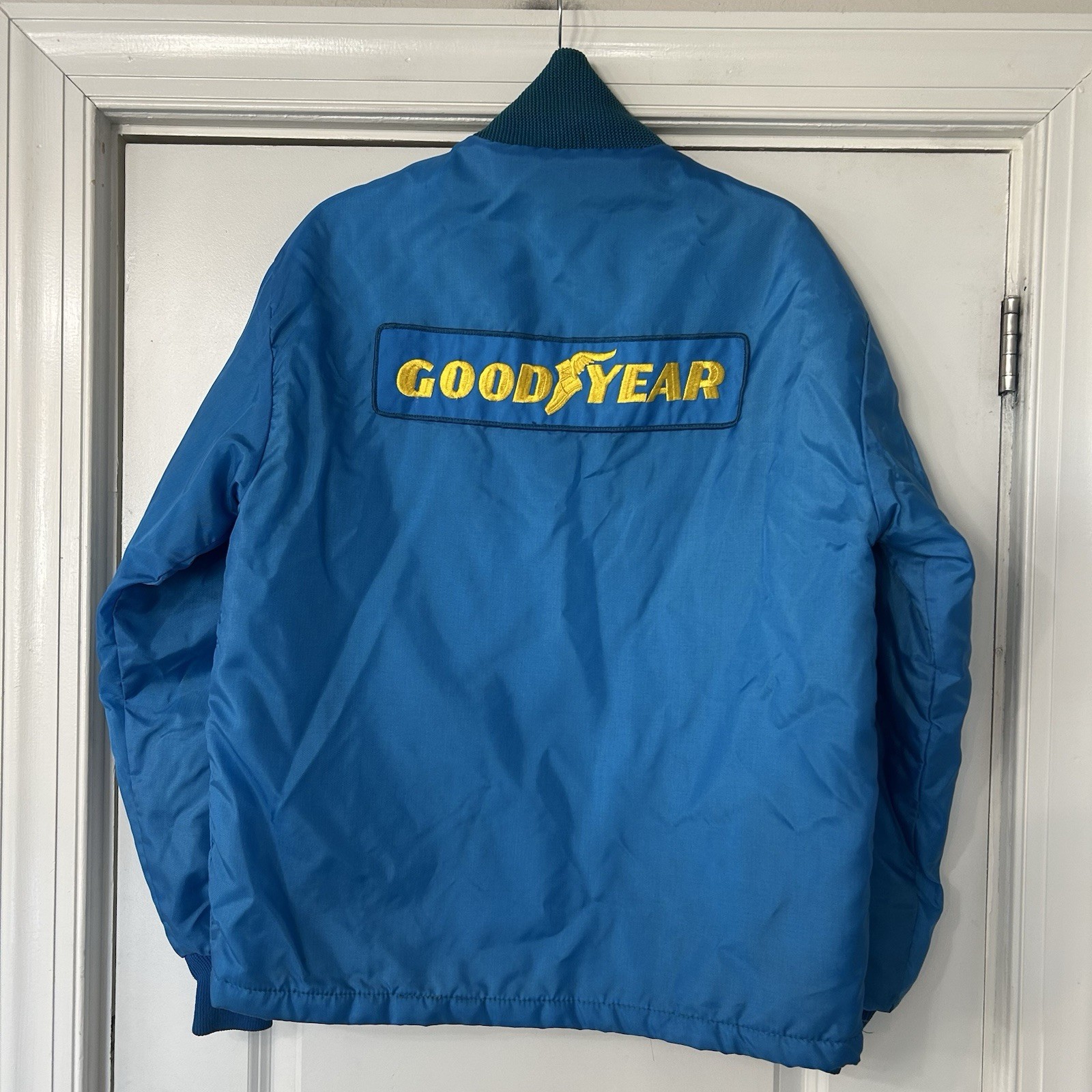 VTG 70s Good Year Tires Racing Jacket Size M USA Made Blue Nylon Quilt Lined