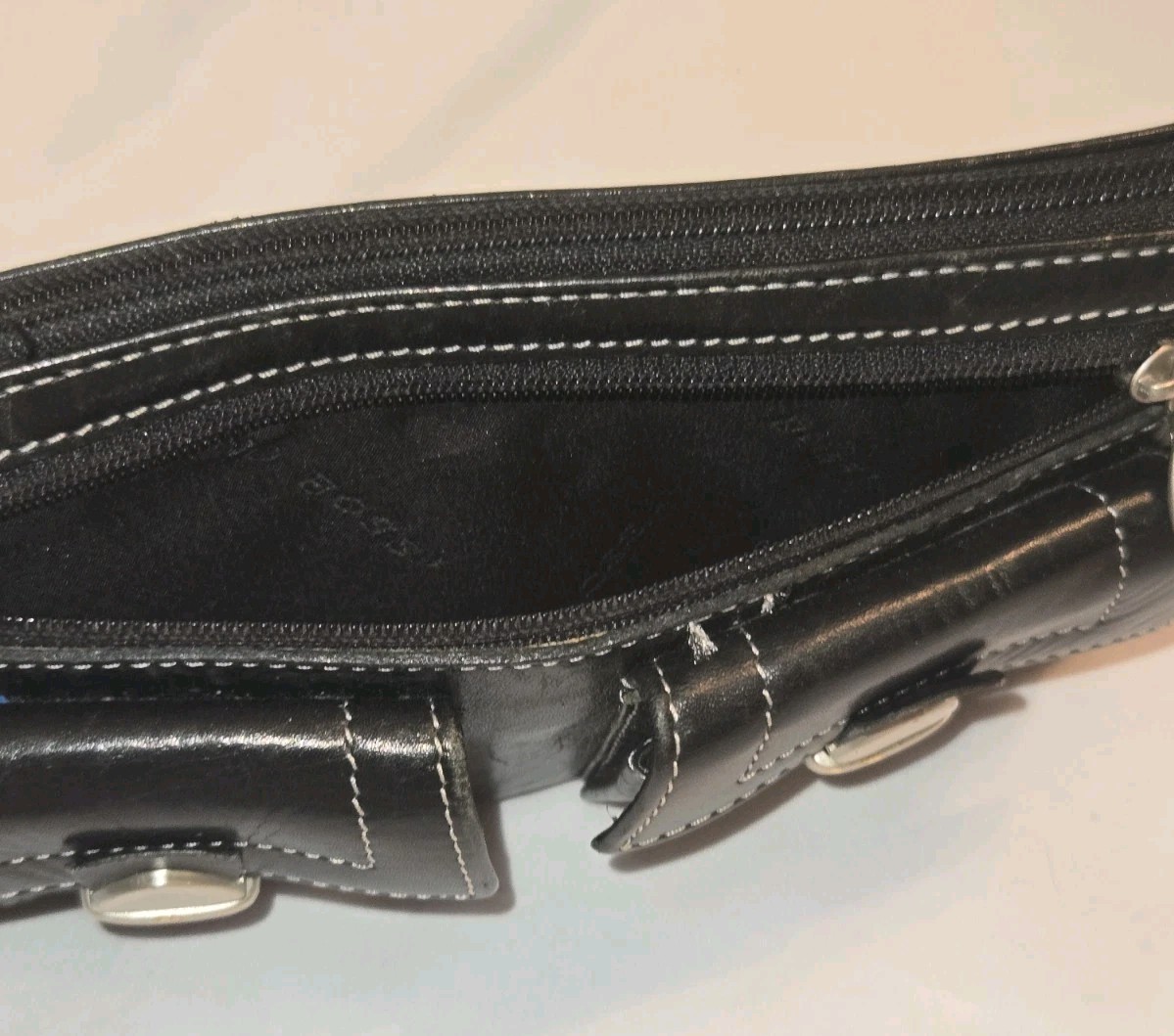 Nino Bossi Black Leather Double Push Lock • Zip Clutch Wallet Wristlet • EUC